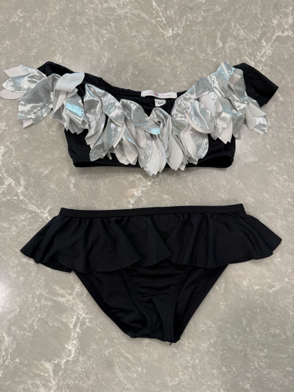 Stella Cove Bikini 4Y Black Silver Leaf Ruffle Two Piece Swimsuit Girls